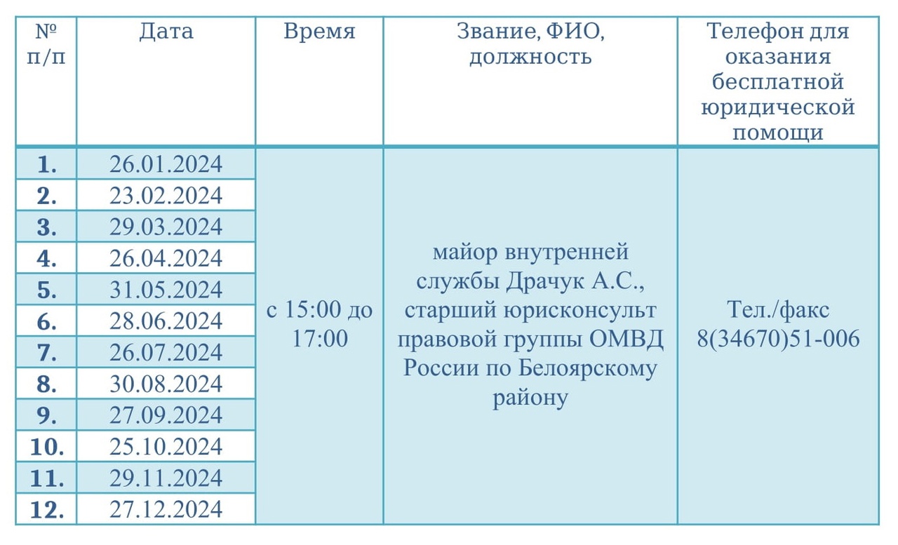График оказания бесплатной юридической помощи в ОМВД России по Белоярскому району в 2024 году